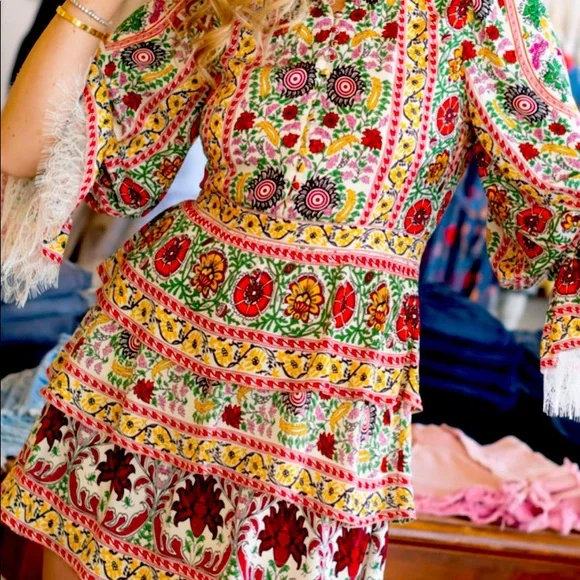 Alice + Olivia Lawson Floral Tiered Dress Green and Cream Mock Neck Dress Sz L - Picture 12 of 16